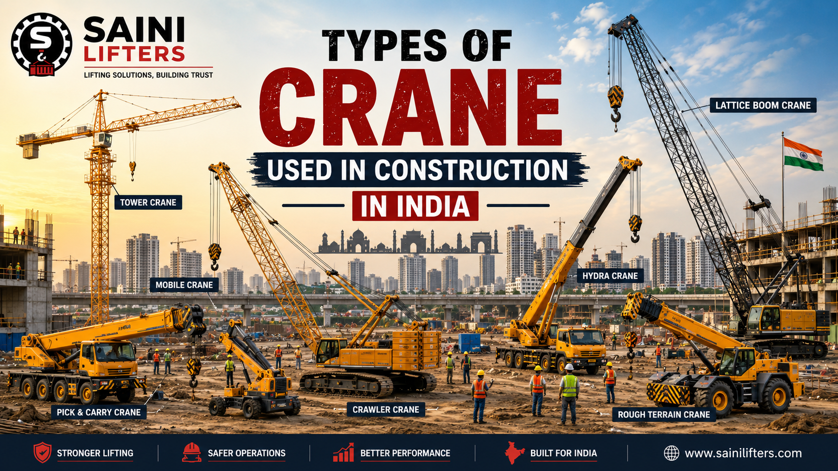 Types of cranes used in construction in India - complete visual guide